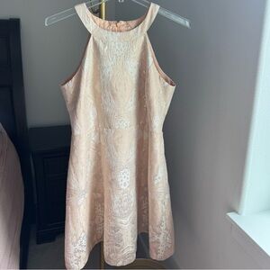 Adrianna Papell Metallic Peach Jacquard Halter Neckline Formal Dress - Size 12